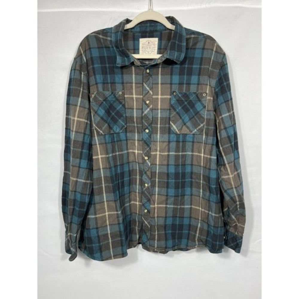 NORTH RIVER MEN LONG‎ SLEEVE BUTTON UP Blue Grey PLAID SHIRT Pearl SNAPS XXL 2xl